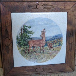 DEER Tile Trivet Mexico Ceramic Carved Wood Surround (85V)